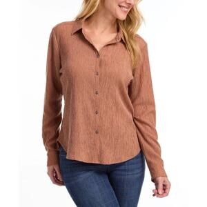 French Dressing Jeans Brown Roll Up Sleeve Crinkle Button Down Shirt Women's M
